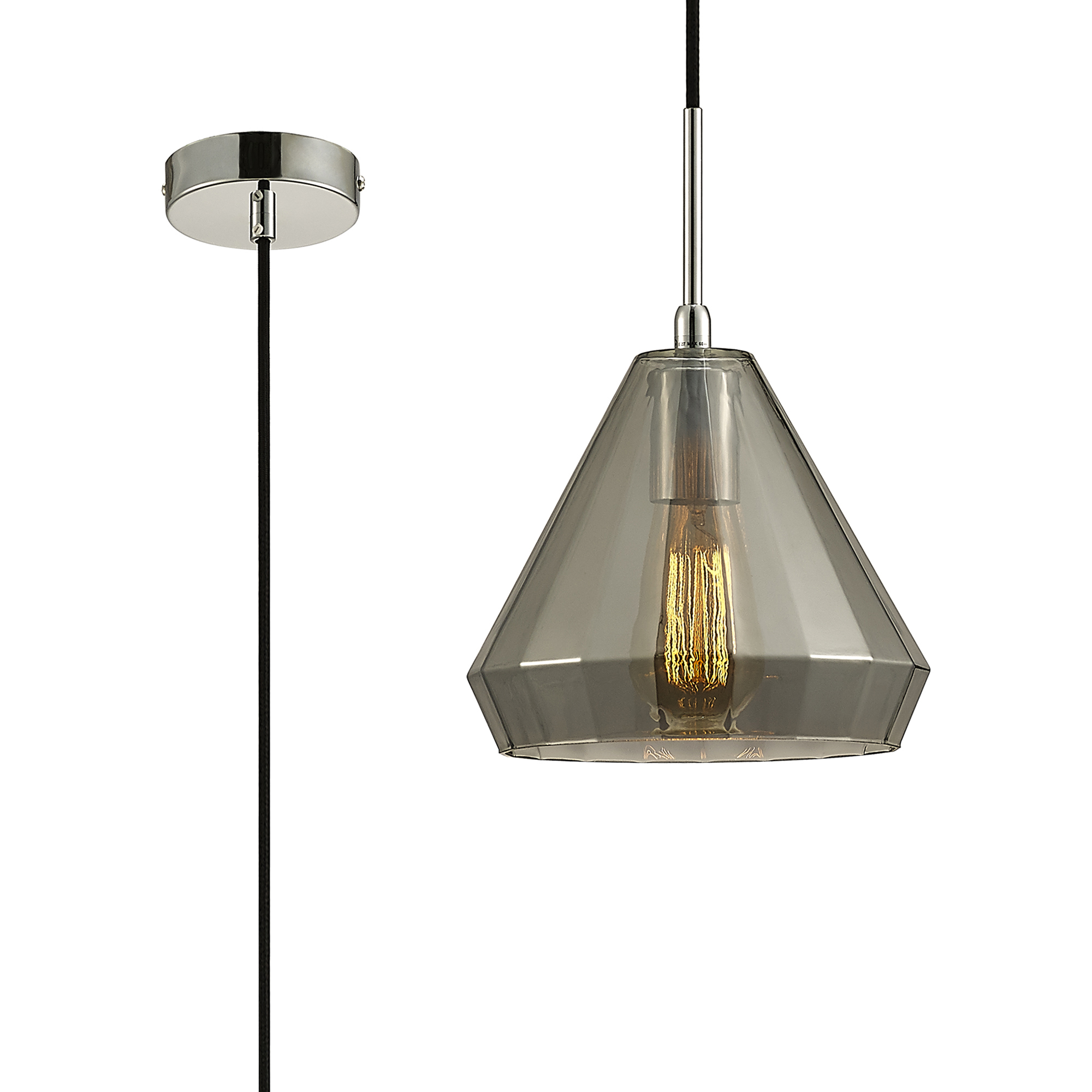 D0109  Markus Glass Pendant 1 Light Smoke Medium Cone Polished Chrome